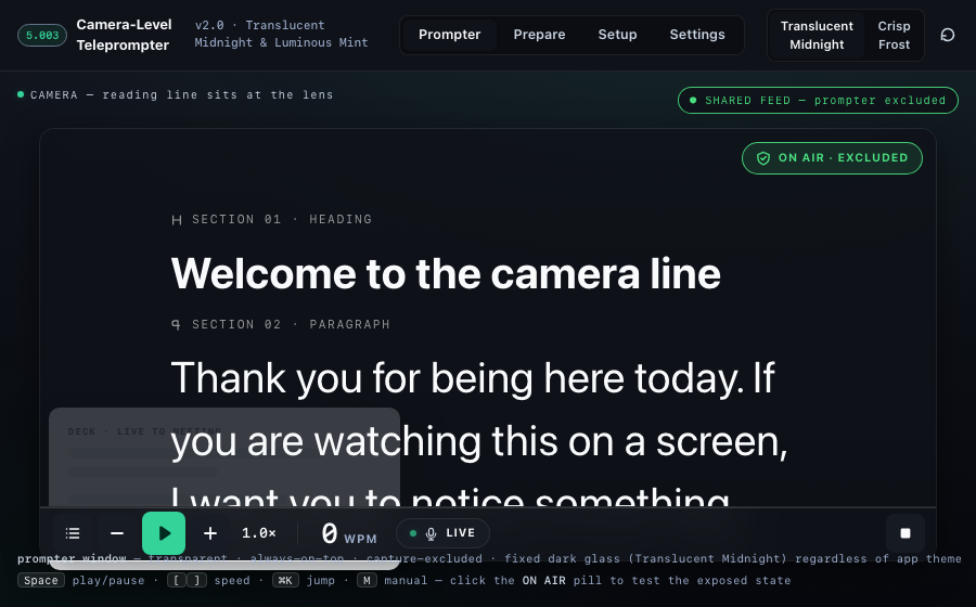 Camera-Level Teleprompter Desktop UI