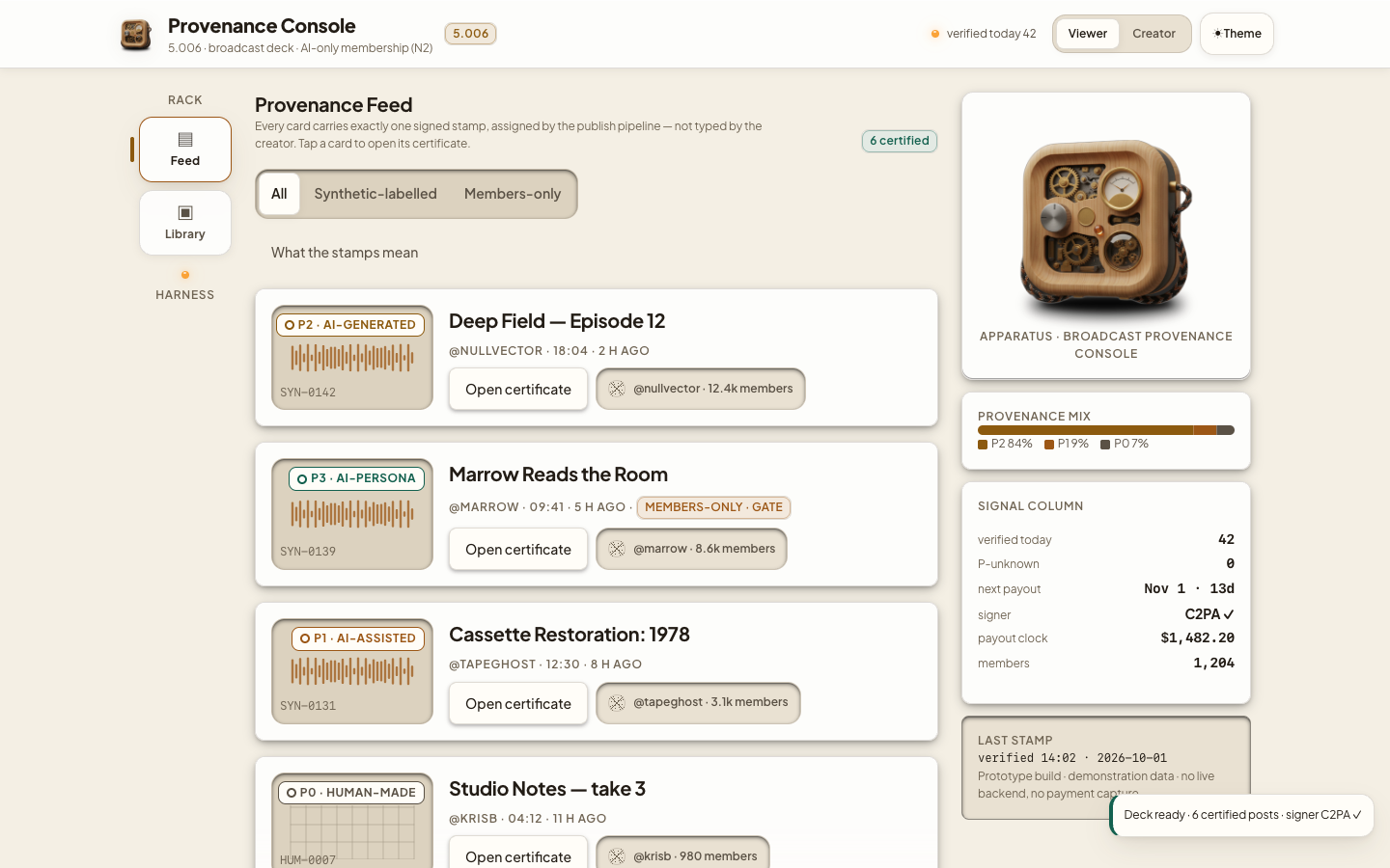 AI-Only Creator Platform Console UI